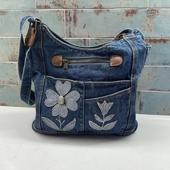 Y2K Upcycled Vintage Handmade Denim Shoulder Bag With Floral Embroidery - Picture 2 of 15